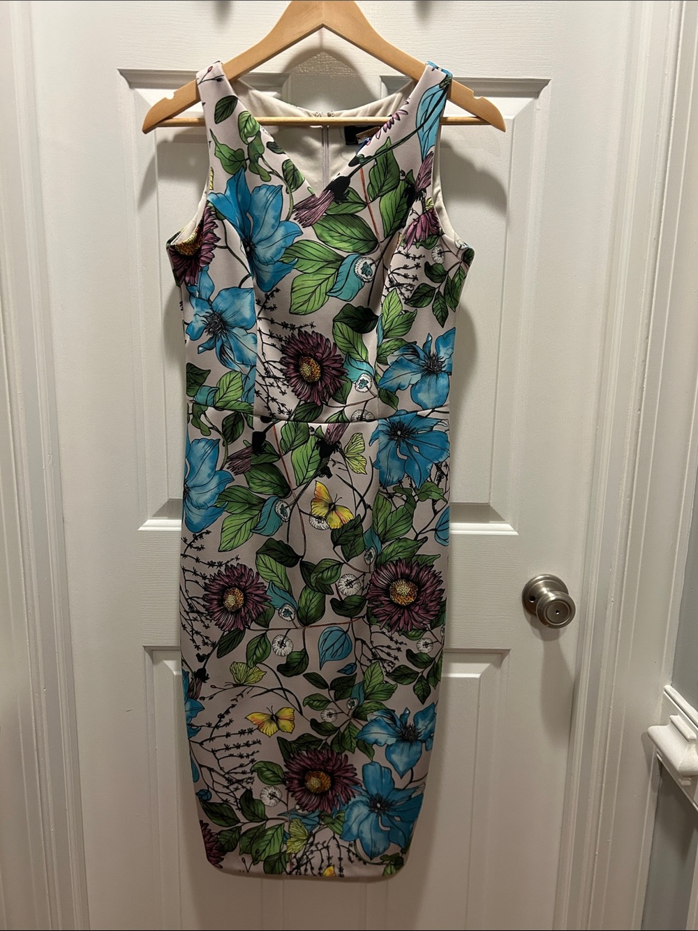 Alexia Admor Floral Midi Sheath Dress in Cream, Blue & Green